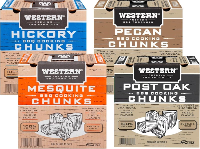 Western Wood Smoking Chunks Variety Pack – 4 Boxes (500 cu in Each) – Mesquite, Hickory, Pecan & Oak – All-Natural BBQ Wood for Grilling, Smoking Beef, Pork, Poultry & More (Variety Pack, Wood Chunks) - Image 1